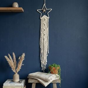 Celestial Macrame Star Wall Hanging 38” Cream Silver Charm Whimsigoth Decor